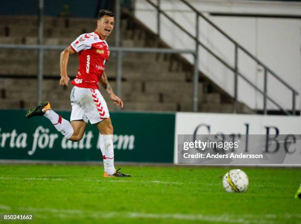 Melker Hallberg of Kalmar FF runs with the ball at Orjans Vall on September 20, 2017 in Halmstad, Sweden.