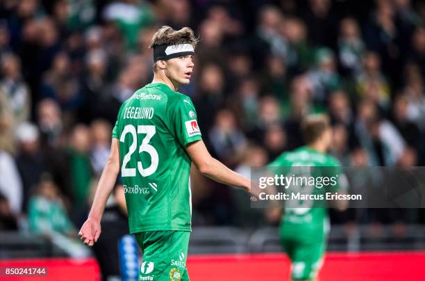 Marcus Degerlund of Hammarby IF during the Allsvenskan match between Hammarby IF and IFK Goteborg at Tele2 Arena on September 20, 2017 in Stockholm,...