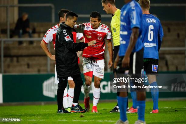 Romario Pereira Sipiao of Kalmar FF in pain after a rough tackle at Orjans Vall on September 20, 2017 in Halmstad, Sweden.