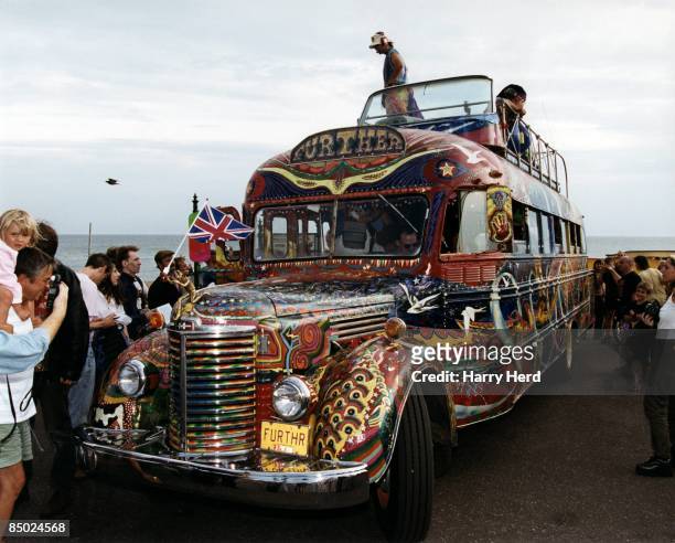 Photo of FURTHER and MERRY PRANKSTERS and Ken KESEY; Further pulls up at the peace statue, Brighton as the crowds gather to meet Ken Kesey & the...
