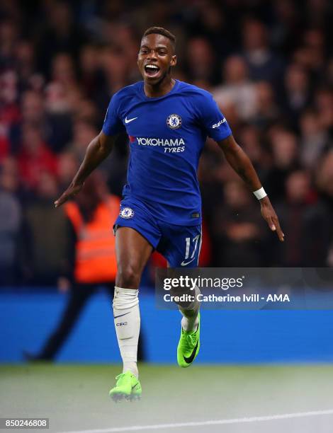 Charly Musonda of Chelsea celebrates after he scores a goal to make it 3-0 during the Carabao Cup Third Round match between Chelsea and Nottingham...