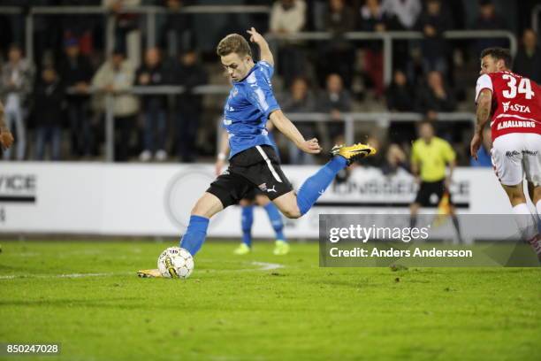 Gabriel Gudmundsson of Halmstad BK takes a shot at goal at Orjans Vall on September 20, 2017 in Halmstad, Sweden.