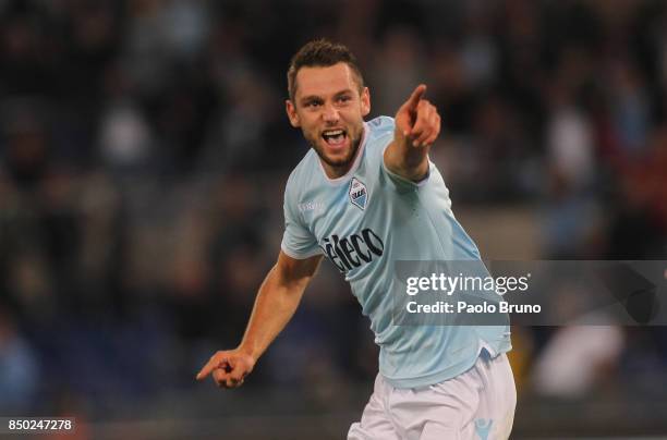 Stefan De Vrij of SS Lazio celebrates after scoring the opening goal during the Serie A match between SS Lazio and SSC Napoli at Stadio Olimpico on...