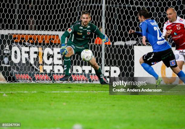 Lucas Hagg-Johansson, goalkeeper of Kalmar FF about to make a save at Orjans Vall on September 20, 2017 in Halmstad, Sweden.