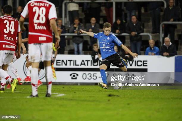 Gabriel Gudmundsson of Halmstad BK takes a shot at goal at Orjans Vall on September 20, 2017 in Halmstad, Sweden.