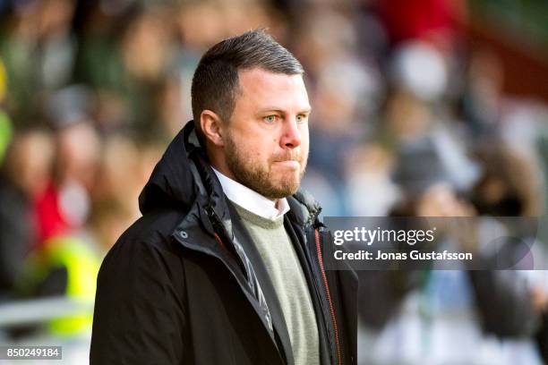 Jimmy Thelin, head coach of Jonkopings Sodra react during the Allsvenskan match between Jonkopings Sodra and IK Sirius FK at Stadsparksvallen on...