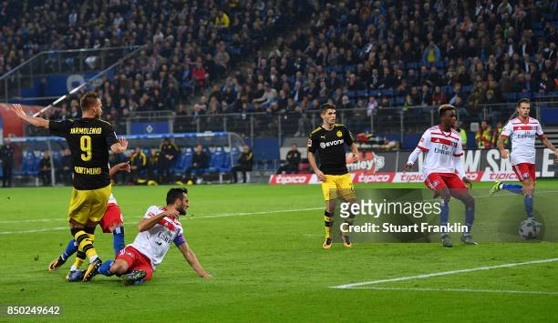 Andrej Yaromolenko of Dortmund shoots on target which later results in a goal by Pierre-Emerick Aubameyang of Dortmund during the Bundesliga match...