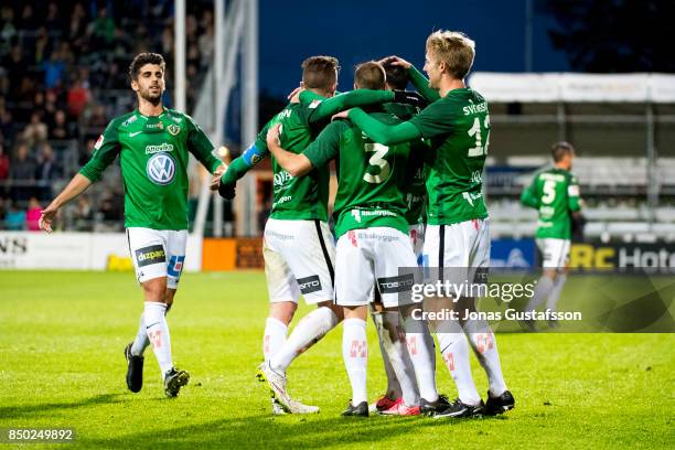 Dzenis Kozica of Jonkopings Sodra celebrates after scoring 2-0 during the Allsvenskan match between Jonkopings Sodra and IK Sirius FK at...