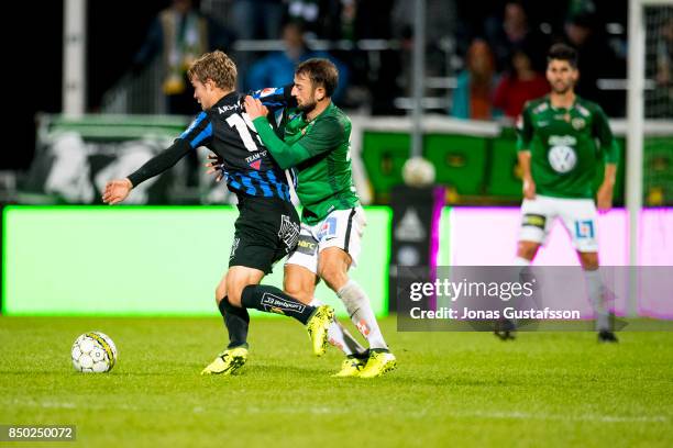 Robert Gojani of Jonkopings Sodra competes for the ball during the Allsvenskan match between Jonkopings Sodra and IK Sirius FK at Stadsparksvallen on...