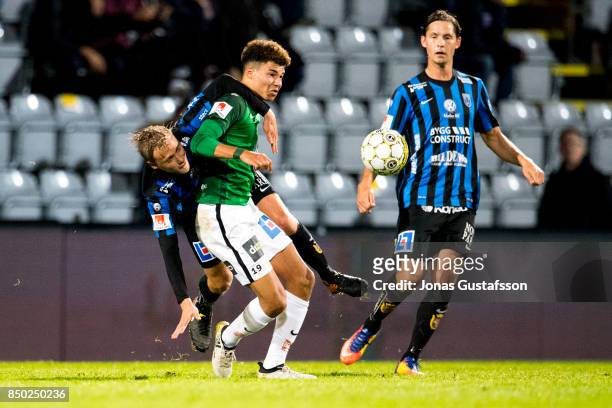 Alexander Jallow of Jonkopings Sodra competes for the ball during the Allsvenskan match between Jonkopings Sodra and IK Sirius FK at Stadsparksvallen...