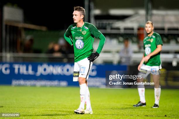 Daryl Smylie of Jonkopings Sodra during the Allsvenskan match between Jonkopings Sodra and IK Sirius FK at Stadsparksvallen on September 20, 2017 in...