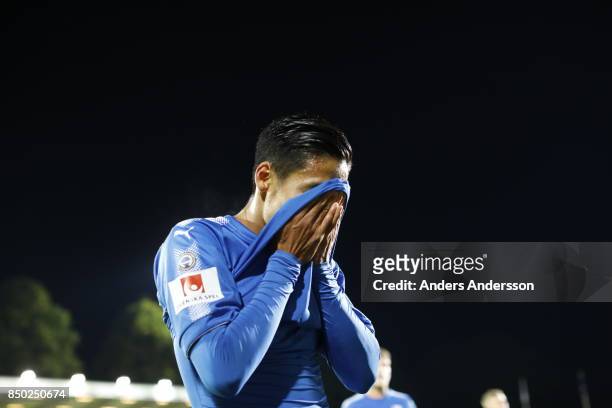 Kosuke Kinoshita dries his face after the game at Orjans Vall on September 20, 2017 in Halmstad, Sweden.