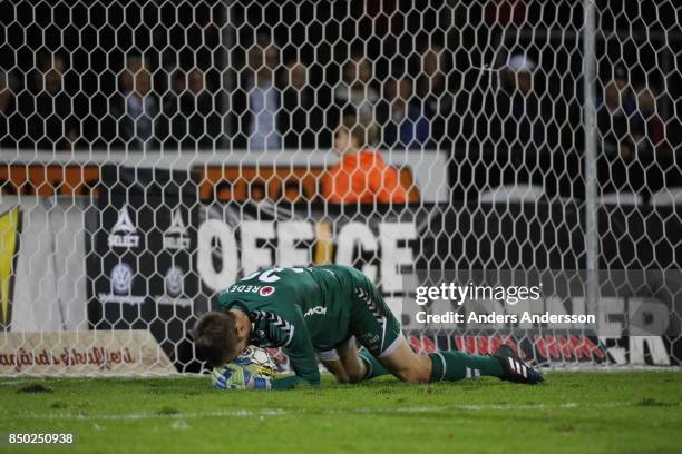 Goalkeeper Lucas Hagg-Johansson of Kalmar FF makes a save at Orjans Vall on September 20, 2017 in Halmstad, Sweden.