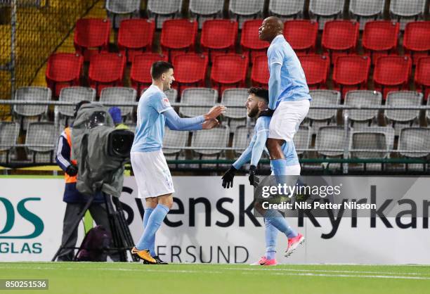 Erdal Rakip of Malmo FF celebrates after scoring to 0-1 during the Allsvenskan match between Ostersunds FK and Malmo FF at Jamtkraft Arena on...