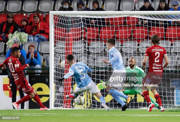 Erdal Rakip of Malmo FF scores the opening goal to 0-1 during the Allsvenskan match between Ostersunds FK and Malmo FF at Jamtkraft Arena on...