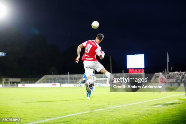 Melker Hallberg shoots a header at Orjans Vall on September 20, 2017 in Halmstad, Sweden.