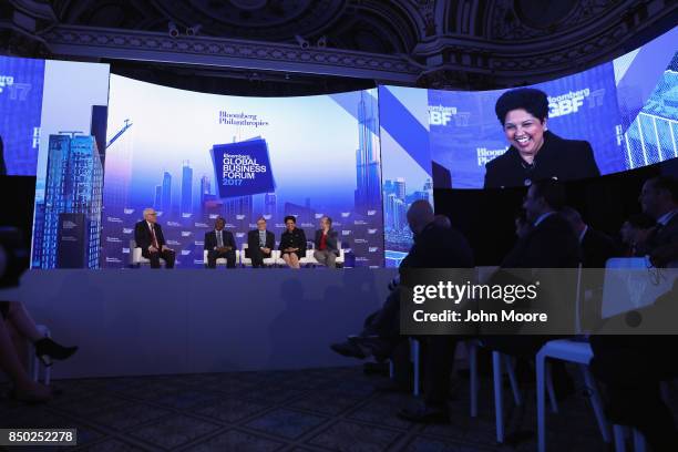 Indra Nooyi, chairman and CEO of PepsiCo laughs while on a panel at the Bloomberg Global Business Forum on September 20, 2017 in New York City. Heads...