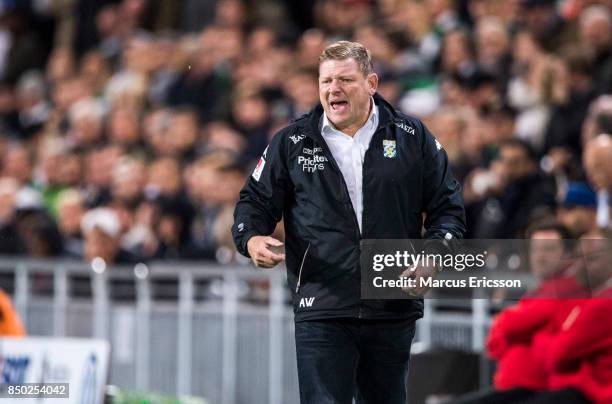 Alf Westerberg, head coach of IFK Goteborg during the Allsvenskan match between Hammarby IF and IFK Goteborg at Tele2 Arena on September 20, 2017 in...