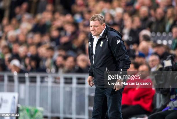 Alf Westerberg, head coach of IFK Goteborg during the Allsvenskan match between Hammarby IF and IFK Goteborg at Tele2 Arena on September 20, 2017 in...