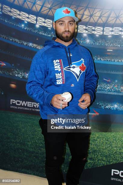 Kevin Pillar from the Toronto Blue Jays attends a meet and greet at Sobeys Queensway on September 20, 2017 in Etobicoke, Canada.