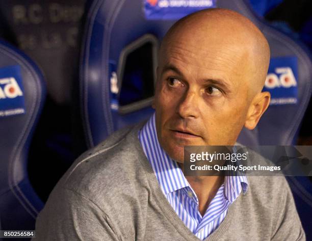 Javier Cabello the manager of Deportivo Alaves looks on during the La Liga match between Deportivo La Coruna and Deportivo Alaves at Abanca Riazor...