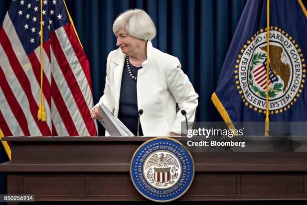 Janet Yellen, chair of the U.S. Federal Reserve, walks out after a news conference following a Federal Open Market Committee meeting in Washington,...