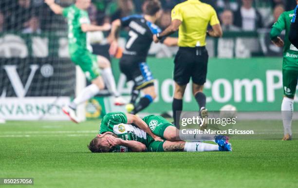 Mads Fenger Nielsen of Hammarby IF collapses during the Allsvenskan match between Hammarby IF and IFK Goteborg at Tele2 Arena on September 20, 2017...