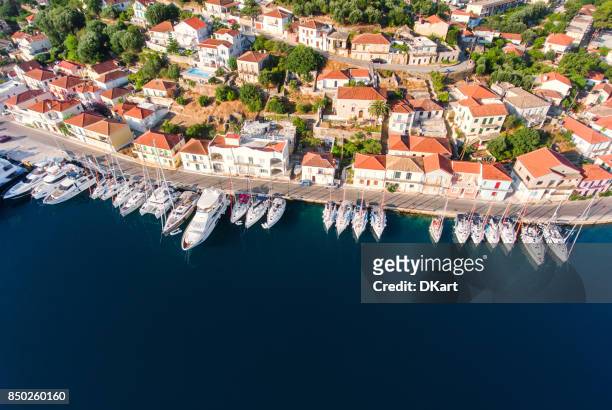 ithaca yachts parking aerial view - levkas stock pictures, royalty-free photos & images