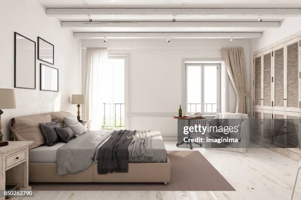 klassieke scandinavische slaapkamer - fashion for peace stockfoto's en -beelden