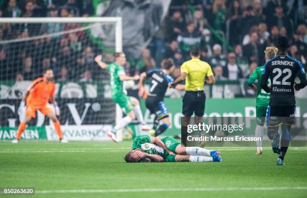 Mads Fenger Nielsen of Hammarby IF collapses during the Allsvenskan match between Hammarby IF and IFK Goteborg at Tele2 Arena on September 20, 2017...