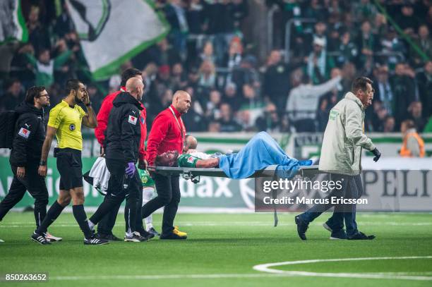 Mads Fenger Nielsen of Hammarby IF collapses during the Allsvenskan match between Hammarby IF and IFK Goteborg at Tele2 Arena on September 20, 2017...