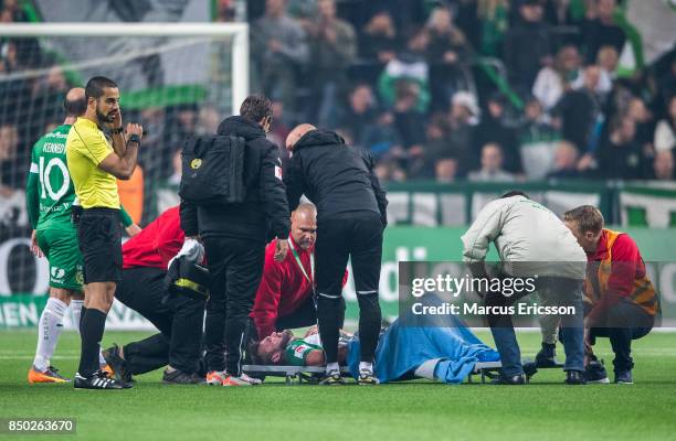 Mads Fenger Nielsen of Hammarby IF collapses during the Allsvenskan match between Hammarby IF and IFK Goteborg at Tele2 Arena on September 20, 2017...