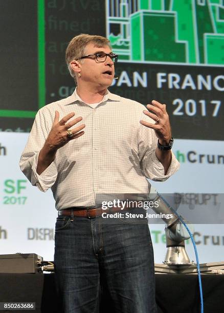 Soft Robotics CEO Carl Vause gives a robotics demonstration onstage during TechCrunch Disrupt SF 2017 at Pier 48 on September 20, 2017 in San...