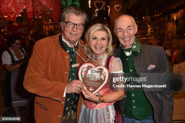 Michael Hartl, Marianne Hartl and Gottfried Zmeck attend the Radio Gong 96.3 Wiesn during the Oktoberfest 2017 on September 20, 2017 in Munich,...