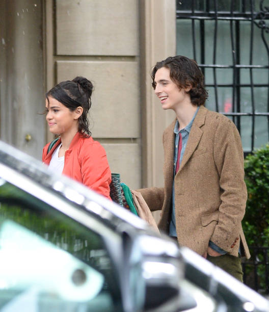 Singer/Actress Selena Gomez and Timothee Chalamet are on the set of Woody Allen movie in Rian on September 20, 2017 in New York City.