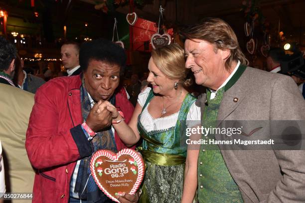 Roberto Blanco, Martina Dingler and Georg Dingler attend the Radio Gong 96.3 Wiesn during the Oktoberfest 2017 on September 20, 2017 in Munich,...