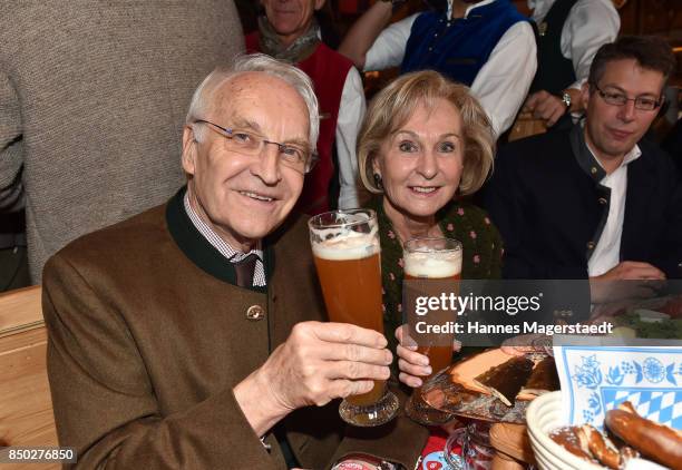 Edmund Stoiber and his wife Karin Stoiber attend the Radio Gong 96.3 Wiesn during the Oktoberfest 2017 on September 20, 2017 in Munich, Germany.