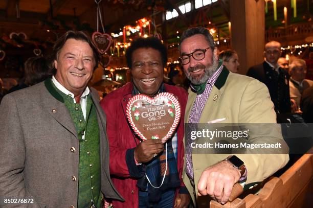 Georg Dingler, Roberto Blanco and Stephan Kuffler attend the Radio Gong 96.3 Wiesn during the Oktoberfest 2017 on September 20, 2017 in Munich,...