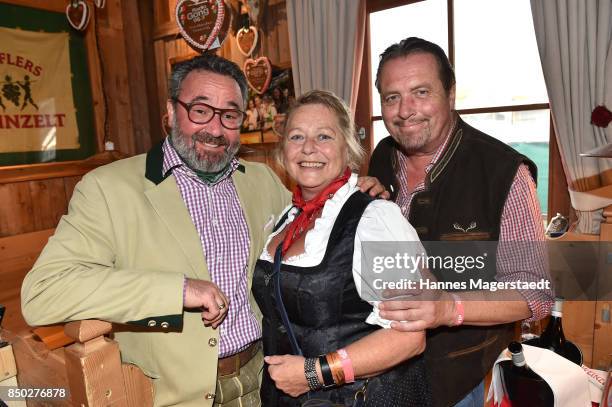 Stephan Kuffler, Andreas Giebel and his wife Karin Giebel attend the Radio Gong 96.3 Wiesn during the Oktoberfest 2017 on September 20, 2017 in...