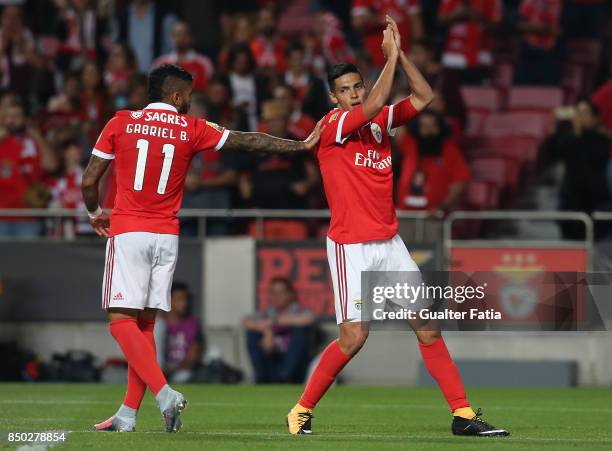 Benfica forward Raul Jimenez from Mexico celebrates after scoring a goal during the Portuguese League Cup match between SL Benfica and SC Braga at...