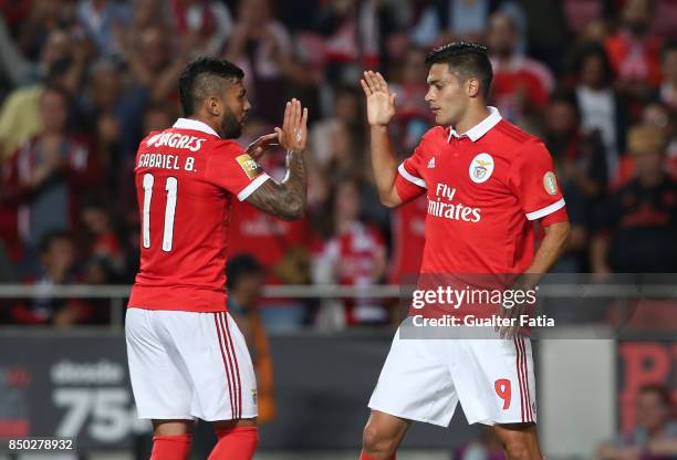 Benfica forward Raul Jimenez from Mexico celebrates with teammate SL Benfica forward Gabriel Barbosa from Brazil after scoring a goal during the...