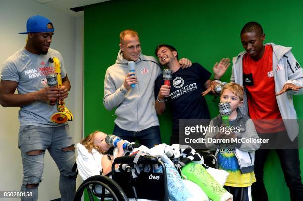 New England Revolution Claude Dielna, Cody Cropper, Kelyn Rowe, and London Woodbury lip sync with Temur and Jack at Boston Children's Hospital...