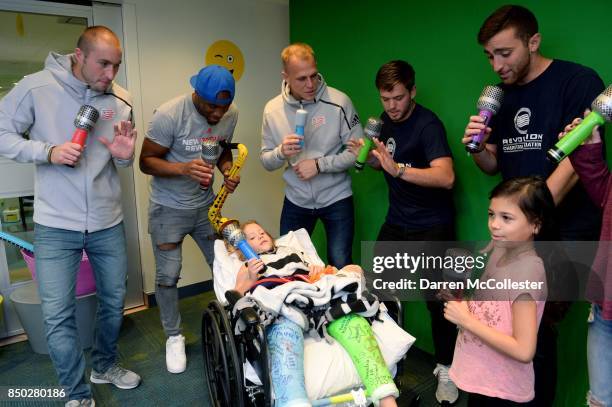 New England Revolution Brad Knighton, Claude Dielna, Cody Cropper, Kelyn Rowe, and London Woodbury lip sync battle with Temur and Jaelyn at Boston...