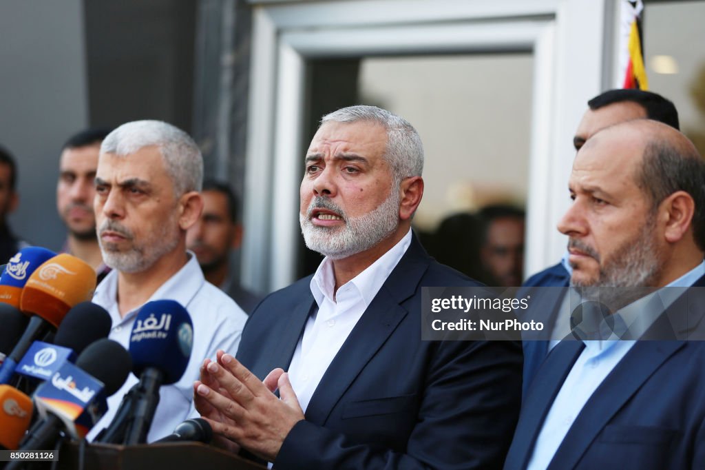 Hamas Chief Ismail Haniyeh speaks to the press