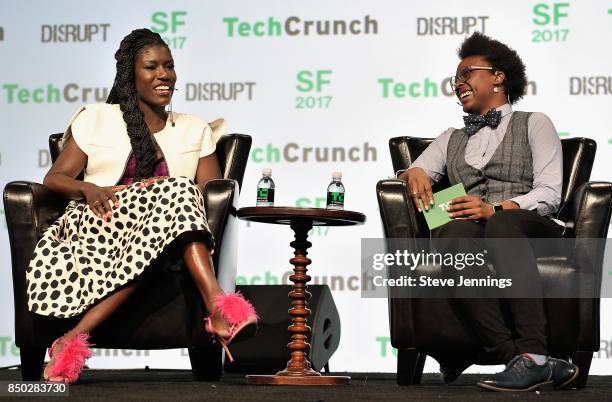Uber Chief Brand Officer Bozoma Saint John and TechCrunch moderator Megan Rose Dickey speak onstage during TechCrunch Disrupt SF 2017 at Pier 48 on...
