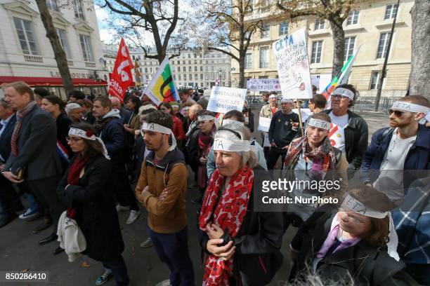 Demonstration in Paris, France, on September 20 against the Trans-Atlantic Free Trade Agreement and EU-Canada Comprehensive Economic and Trade...