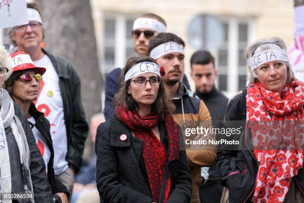 Demonstration in Paris, France, on September 20 against the Trans-Atlantic Free Trade Agreement and EU-Canada Comprehensive Economic and Trade...