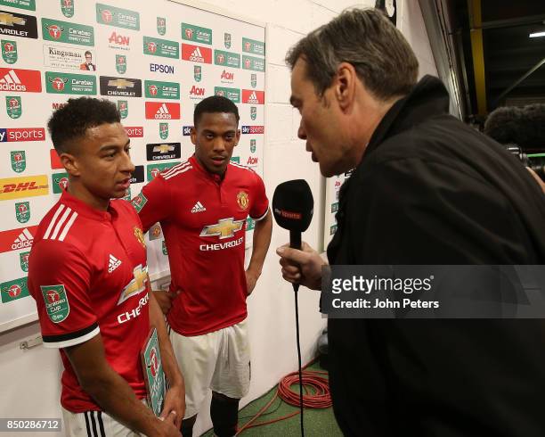 Jesse Lingard and Anthony Martial of Manchester United are interviewed after the Carabao Cup Third Round match between Manchester United and Burton...