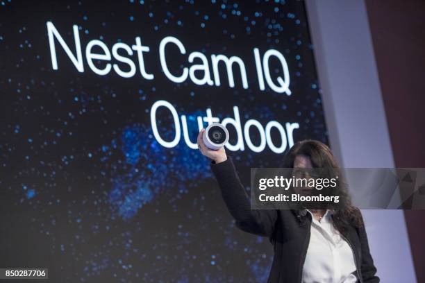 Michele Turner, general manager of security products for Nest Labs Inc., holds a Nest Cam IQ Outdoor camera as she speaks during an event in San...
