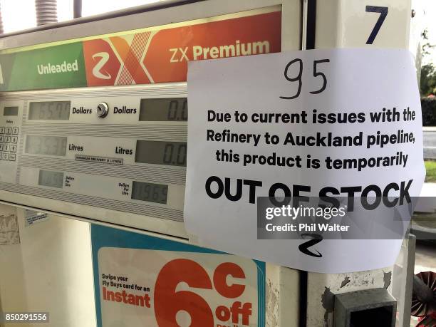 Petrol station in Riverhead advises customers they have run out of 95 octane fuel on September 21, 2017 in Auckland, New Zealand. Regular supplies to...